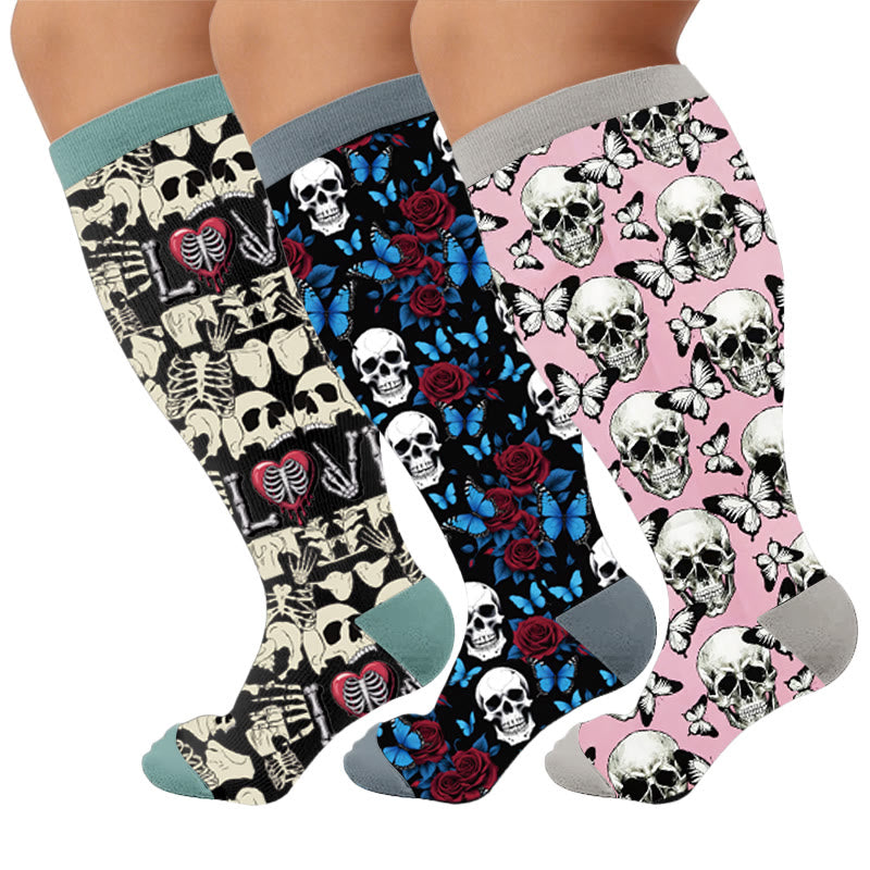 Chaussettes de compression grandes tailles à motif tête de mort amusant - Multicolore (3 paires) - 4XL - image 1
