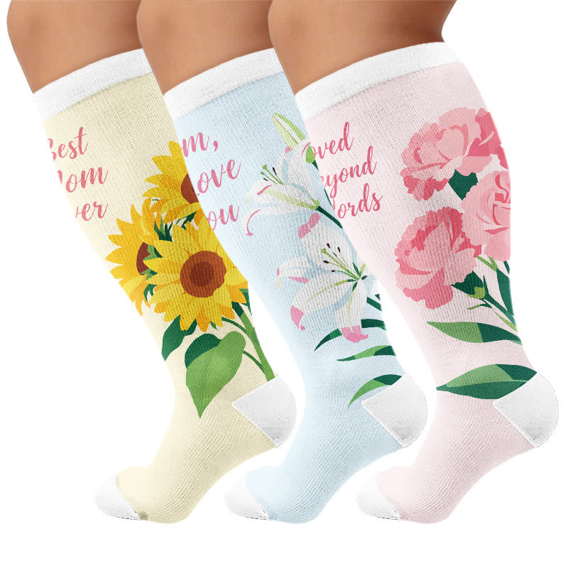 Chaussettes de compression fleuries grandes tailles pour la fête des mères - Multicolore (3 paires) - 4XL - image 1
