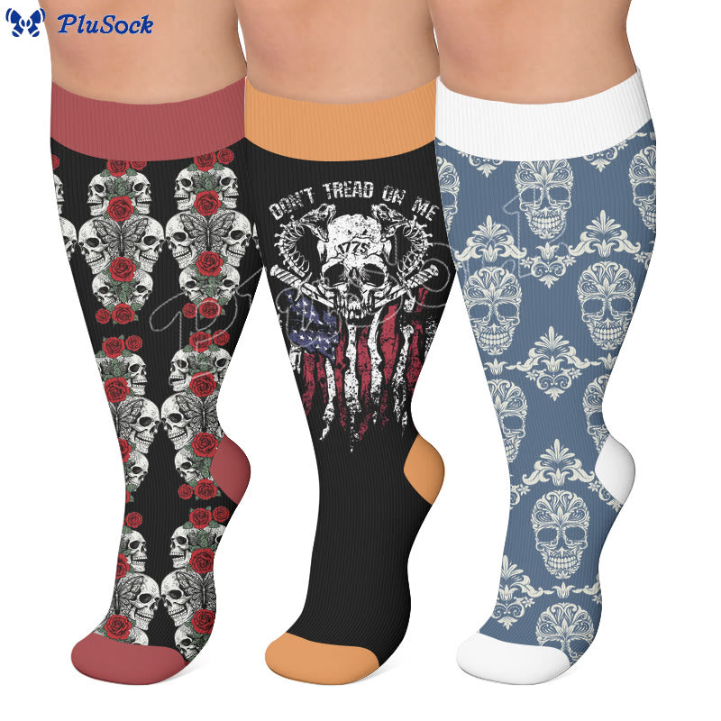 Chaussettes de compression grandes tailles à imprimé tête de mort rétro - image 0