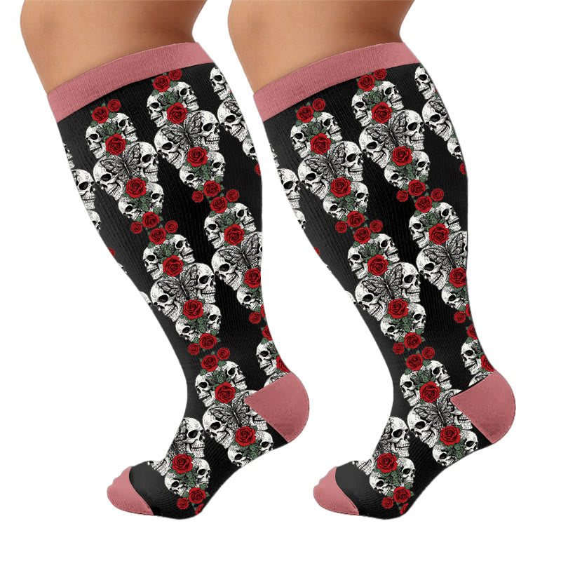 Chaussettes de compression grandes tailles à imprimé tête de mort rétro - Fuchsia(1 paire) - 4XL - image 5