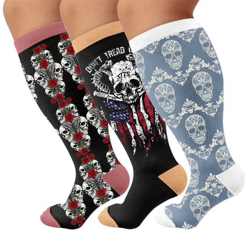 Chaussettes de compression grandes tailles à imprimé tête de mort rétro - Multicolore (3 paires) - 4XL - image 1
