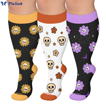 Chaussettes de compression grandes tailles à motif de crâne et fleurs - image 0