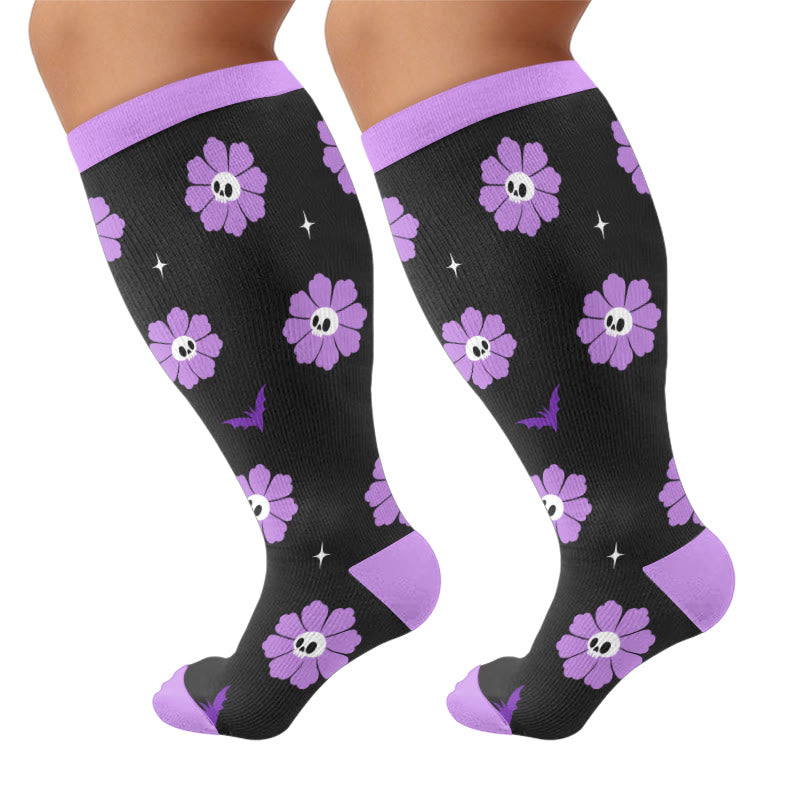 Chaussettes de compression grandes tailles à motif de crâne et fleurs - Violet (1 paire) - 4XL - image 5