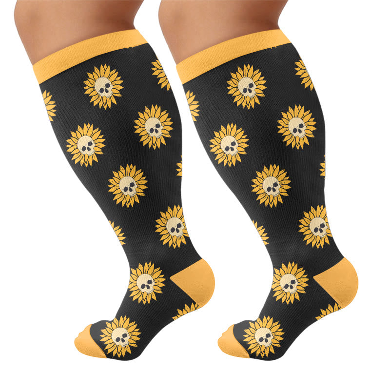 Chaussettes de compression grandes tailles à motif de crâne et fleurs - Jaune (1 paire) - 4XL - image 7