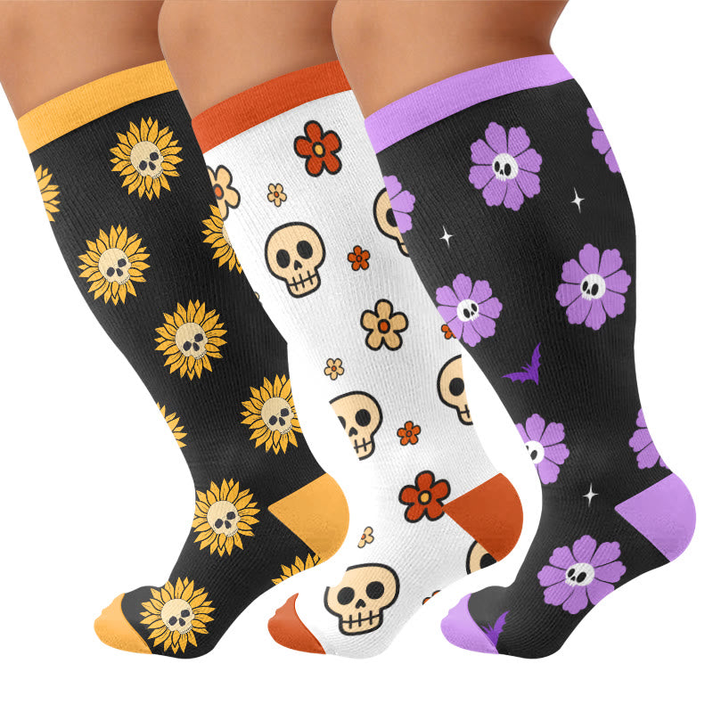 Chaussettes de compression grandes tailles à motif de crâne et fleurs - Multicolore (3 paires) - 4XL - image 1