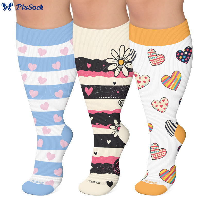 Chaussettes de compression grandes tailles à rayures cœur et marguerite - image 0