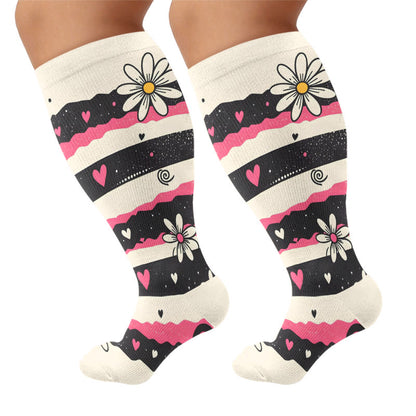 Chaussettes de compression grandes tailles à rayures cœur et marguerite - Beige (1 paire) - 4XL - image 6