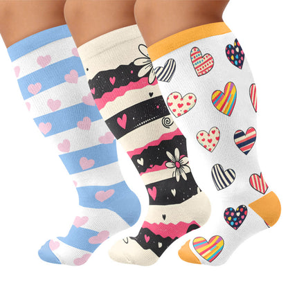 Chaussettes de compression grandes tailles à rayures cœur et marguerite - Multicolore (3 paires) - 4XL - image 1