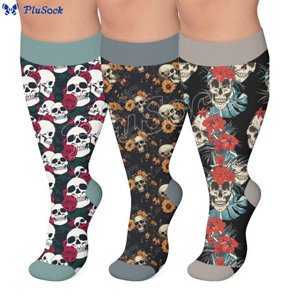 Chaussettes de compression à motif floral et tête de mort - image 0
