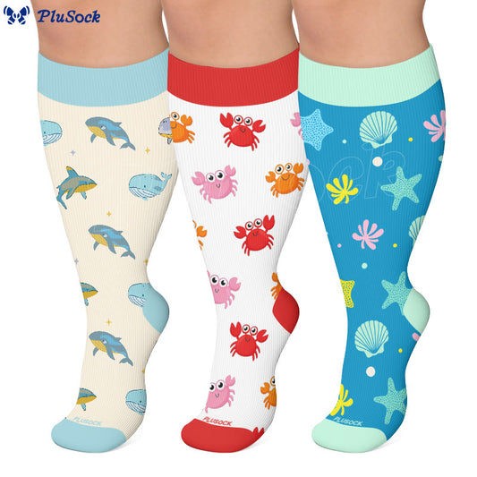 Chaussettes de compression grandes tailles à motifs baleine, crabe et étoile de mer - image 0