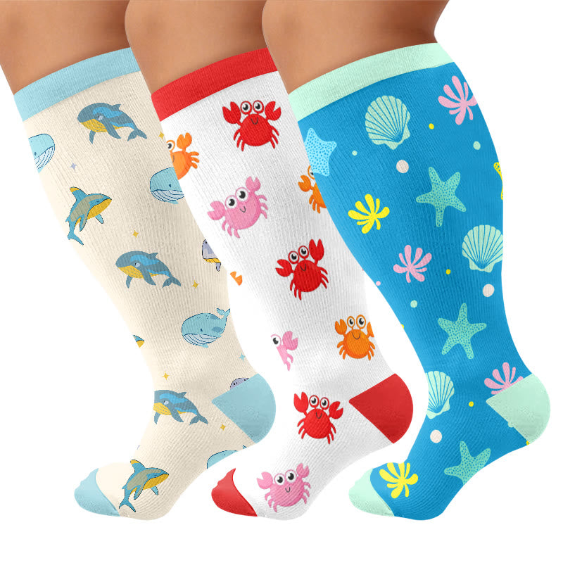 Chaussettes de compression grandes tailles à motifs crabe, baleine et étoile de mer - image 1