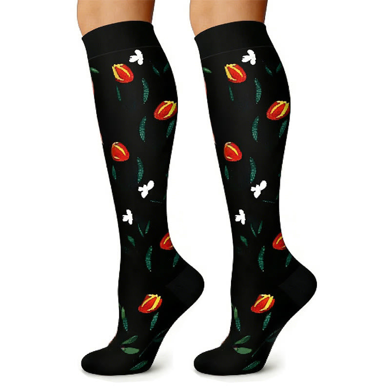 Chaussettes de compression montantes à motif floral noir et blanc (6 paires) - image 2