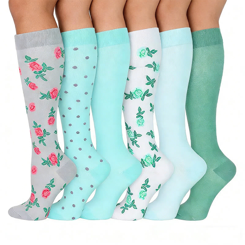 Chaussettes de compression à fleurs bleu-vert (6 paires) - image 1