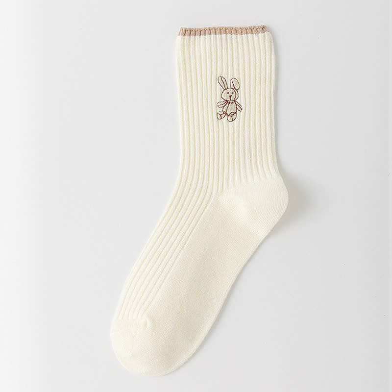 Chaussettes courtes brodées lapin (5 paires) - Beige - 40(US2-7) - image 4