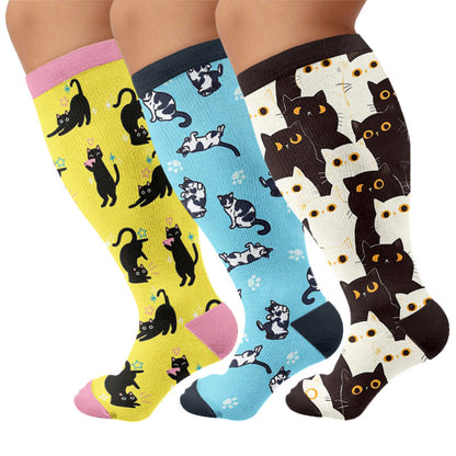 Chaussettes de compression grandes tailles à motif chat mignon et original - Multicolore (3 paires) - 4XL - image 1