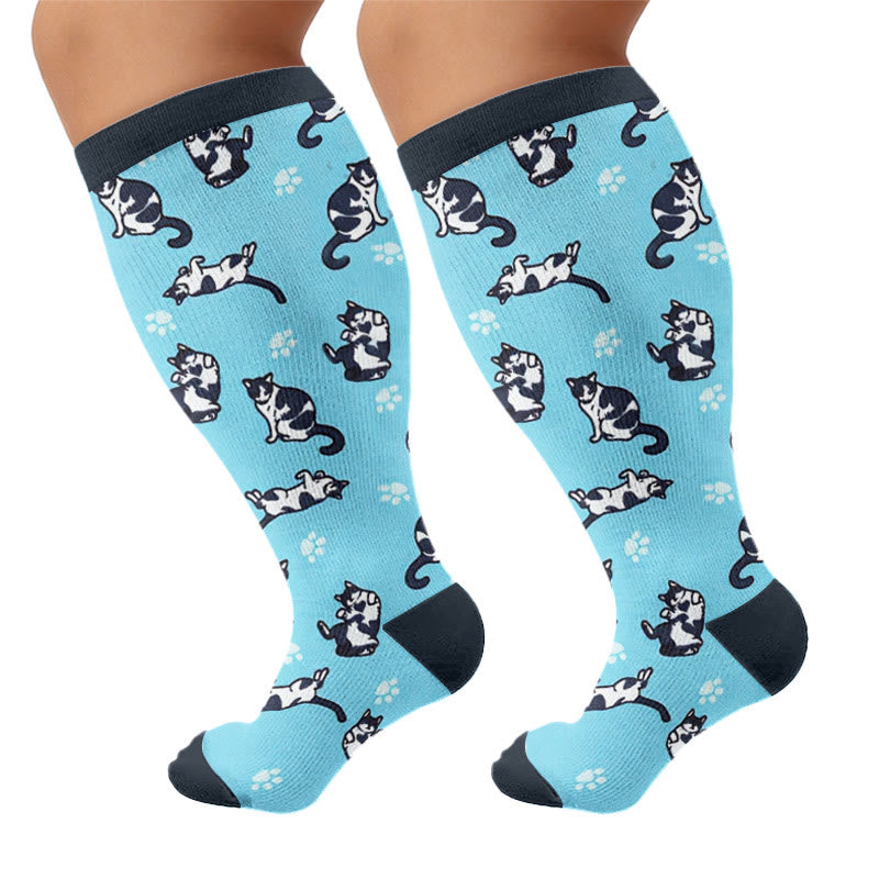 Chaussettes de compression grandes tailles à motif chat mignon et original - Bleu (1 paire) - 4XL - image 5