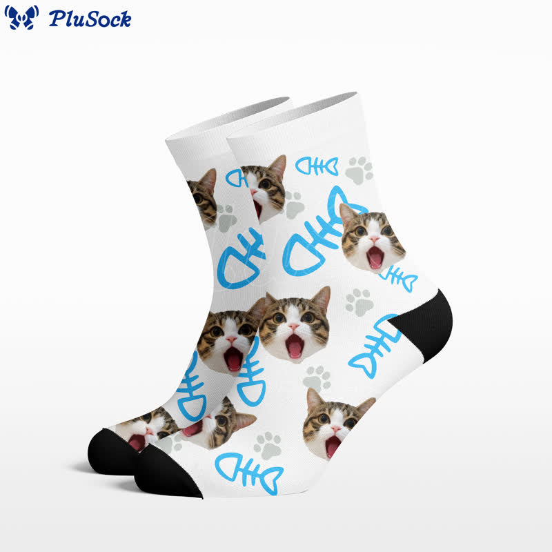 Chaussettes courtes à motif de chat en forme d'arête de poisson - Blanc - EU37-44(US4-10) - image 0