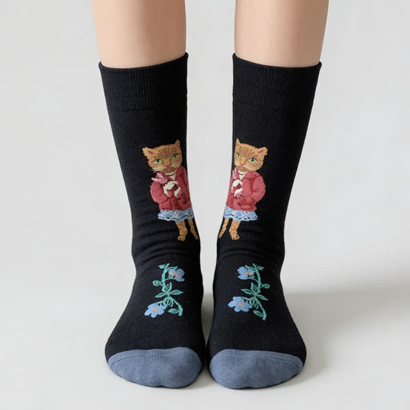 Chaussettes courtes à fleurs et chat mignon (3 paires) - image 2