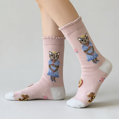 Chaussettes courtes à fleurs et chat mignon (3 paires) - image 1