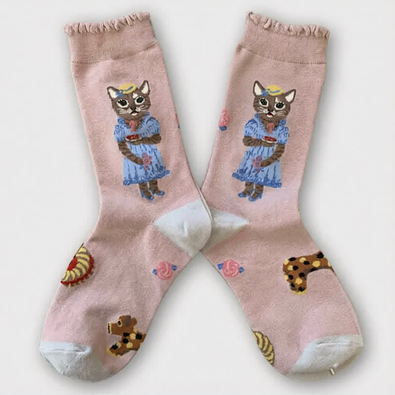 Chaussettes courtes à fleurs et chat mignon (3 paires) - image 4