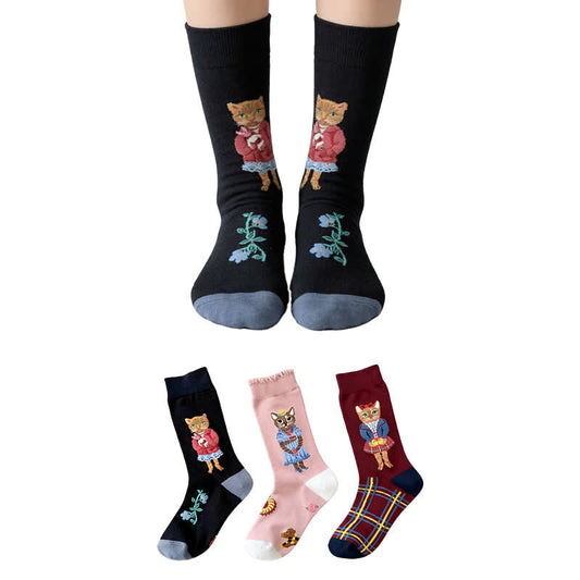 Chaussettes courtes à fleurs et chat mignon (3 paires) - Multicolore - EU36-40(US3-7) - image 0