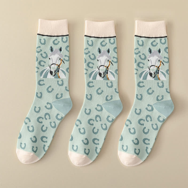 Chaussettes courtes à motif cheval de dessin animé (3 paires) - Bleu - 40(US1-7) - image 10