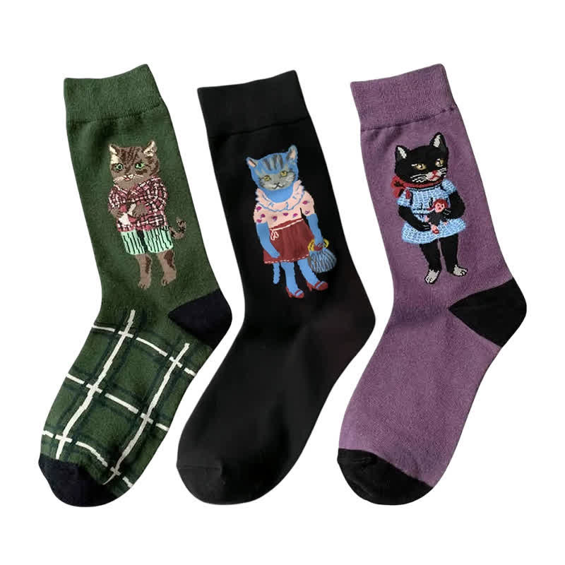 Chaussettes rétro chat dessin animé (3 paires) - image 1