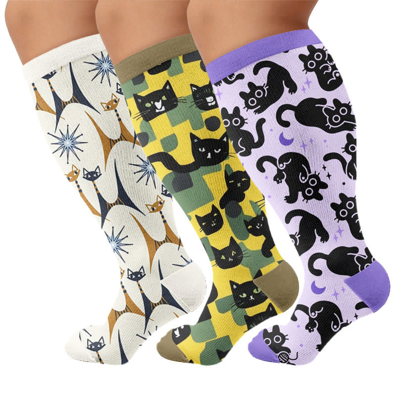 Chaussettes de compression grandes tailles style chat amusant - Multicolore (3 paires) - 4XL - image 1