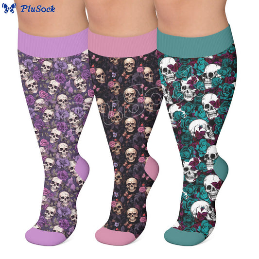 Chaussettes de compression grandes tailles à motif floral et tête de mort - image 0