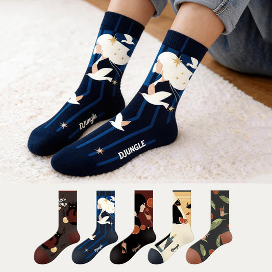 Chaussettes à motif chat et oiseau (5 paires) - Multicolore - UE35-43 (US2-9) - image 0