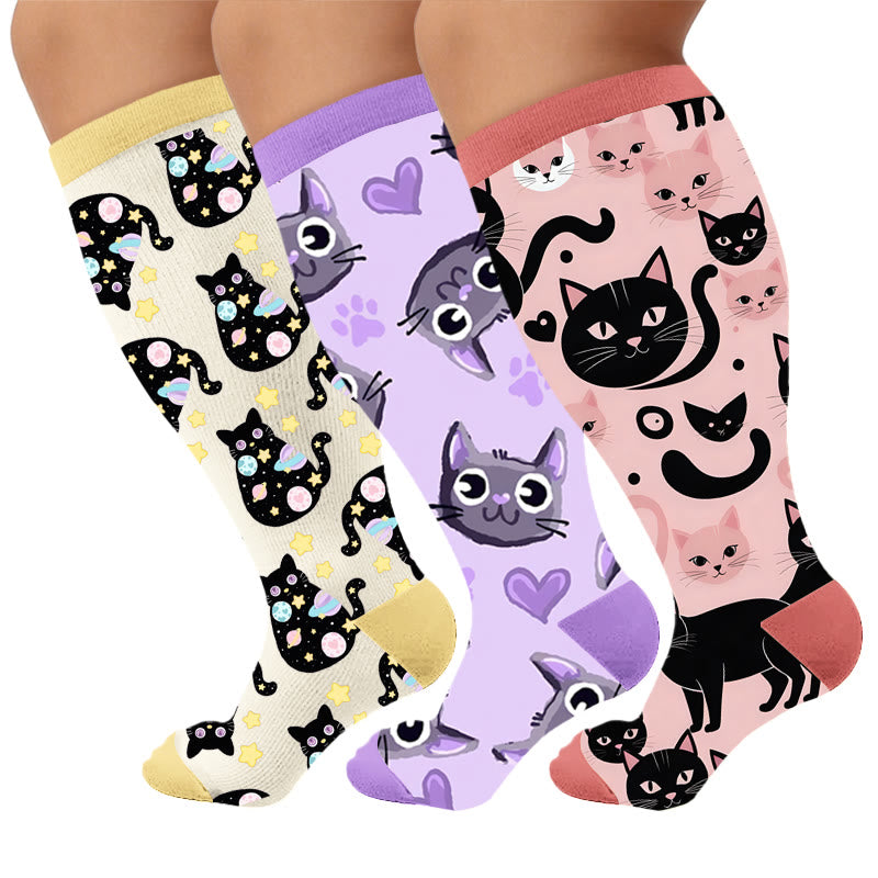 Chaussettes de compression grandes tailles à motif chat - Multicolore (3 paires) - 4XL - image 1