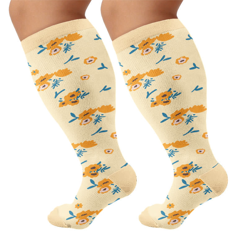 Chaussettes de compression fleuries d'inspiration vintage grandes tailles (4 paires) - Jaune - 4XL - image 8