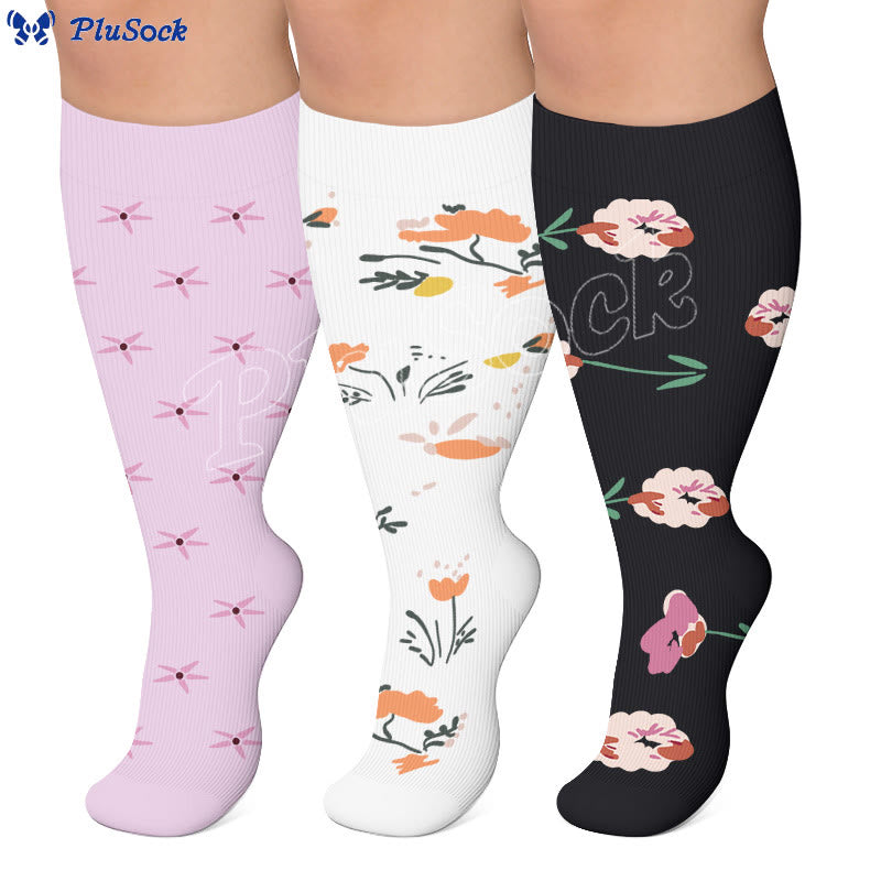 Chaussettes de compression élégantes à motif floral grandes tailles (3 paires) - image 0