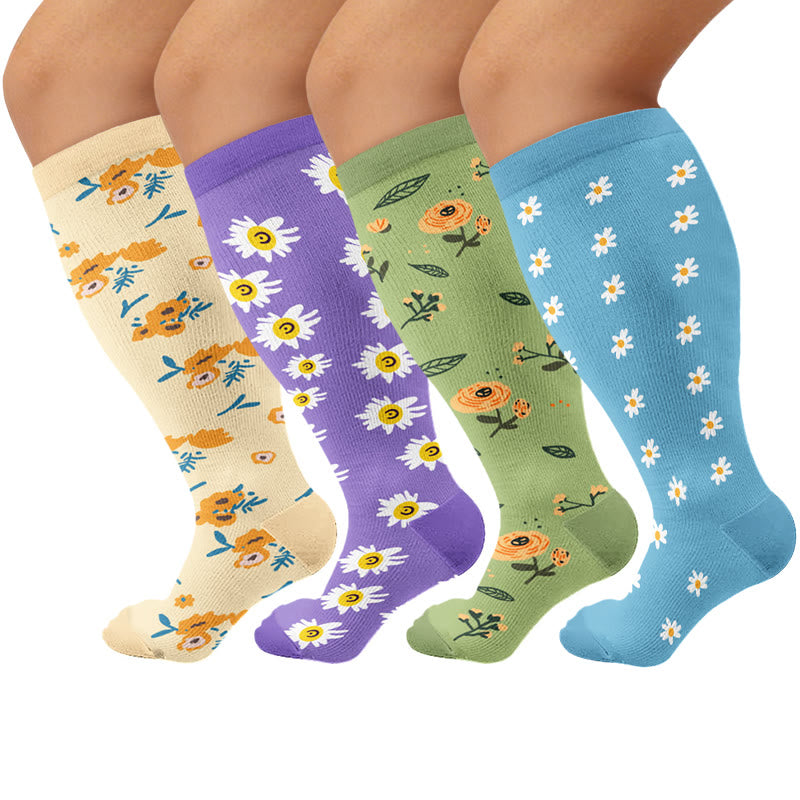 Chaussettes de compression fleuries d'inspiration vintage grandes tailles (4 paires) - Multicolore - 4XL - image 1