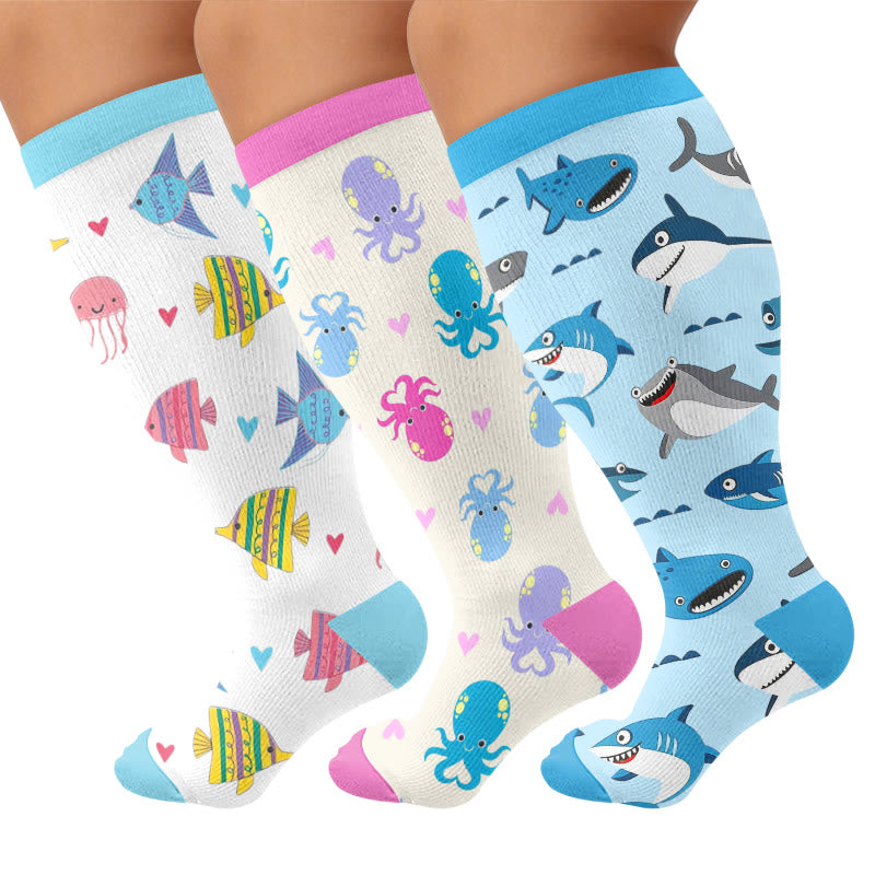 Chaussettes de compression grandes tailles à motifs animaux marins - Multicolore (3 paires) - 4XL - image 1