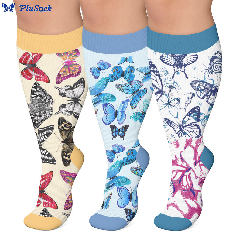 Chaussettes de compression papillon grandes tailles au milieu des fleurs - image 0