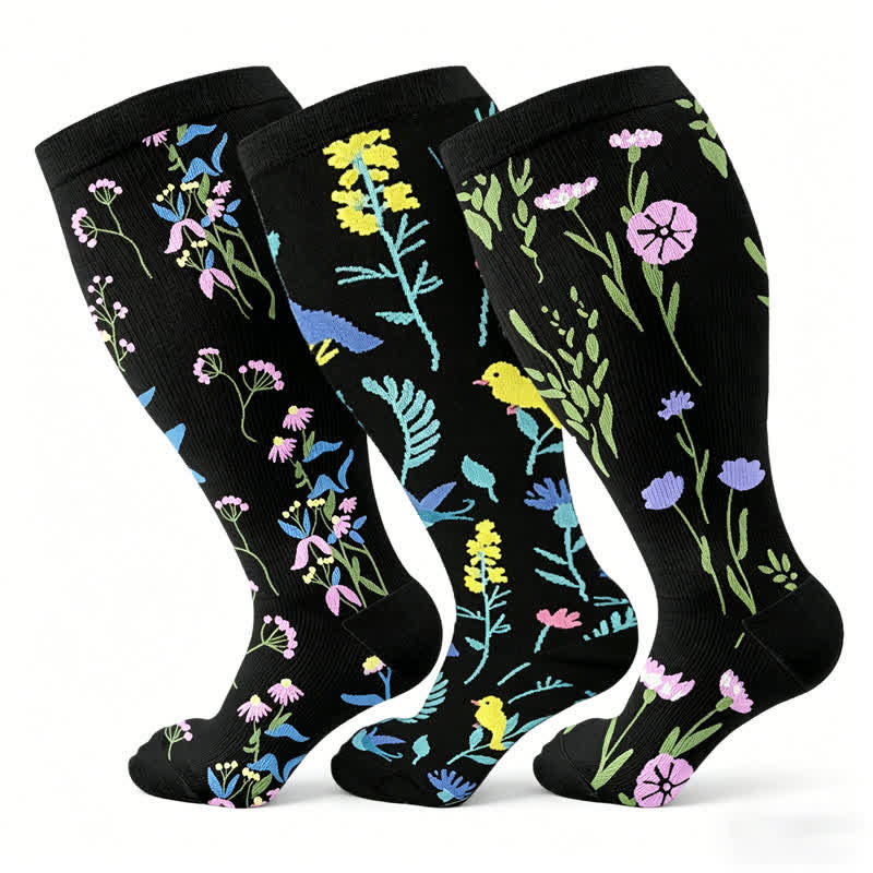 Chaussettes de compression à fleurs peintes grande taille (3 paires) - Multicolore - 4XL - image 1