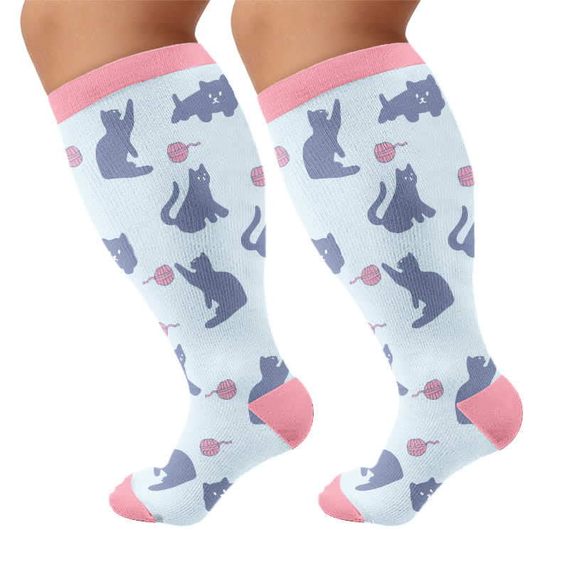 Chaussettes de compression grande taille à motif chat mignon - Bleu (1 paire) - 4XL - image 5
