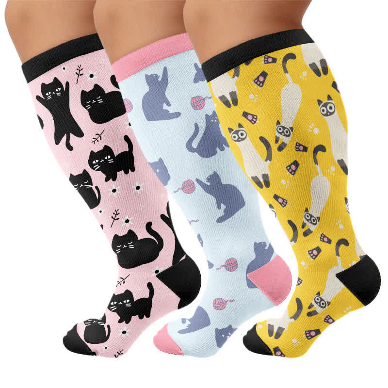 Chaussettes de compression grande taille à motif chat mignon - Multicolore (3 paires) - 4XL - image 1