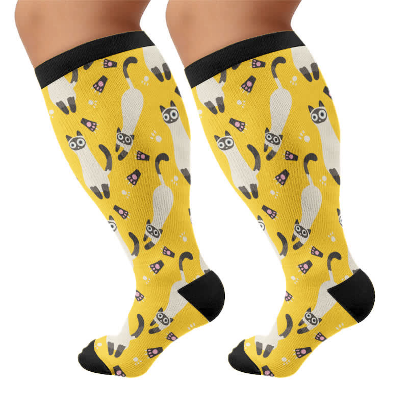 Chaussettes de compression grande taille à motif chat mignon - Jaune (1 paire) - 4XL - image 7