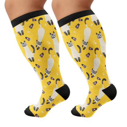Chaussettes de compression grande taille à motif chat mignon - Jaune (1 paire) - 4XL - image 7