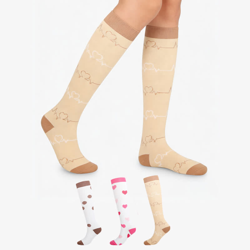 Chaussettes de compression hautes jusqu'aux genoux avec cœur rose (3 paires) - Multicolore - S/M - image 0