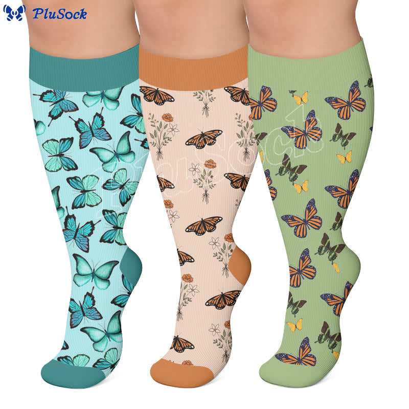 Chaussettes de compression grandes tailles à motifs papillons et fleurs - image 0