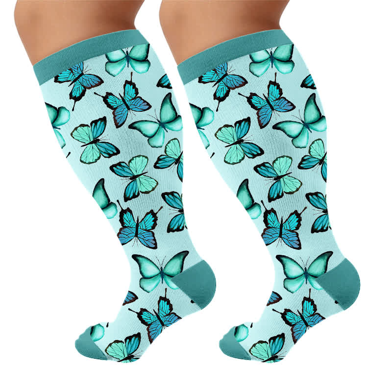 Chaussettes de compression grandes tailles à motifs papillons et fleurs - Bleu (1 paire) - 4XL - image 5