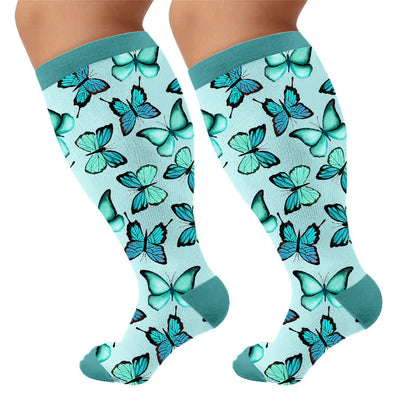 Chaussettes de compression grandes tailles à motifs papillons et fleurs - Bleu (1 paire) - 4XL - image 5