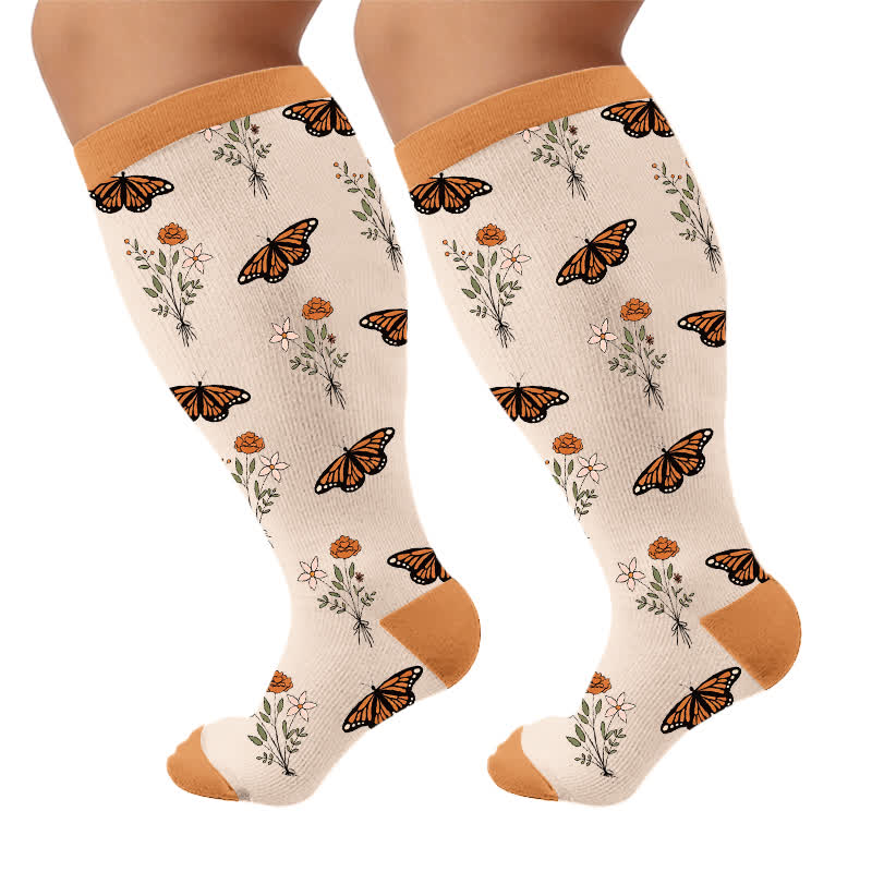Chaussettes de compression grandes tailles à motifs papillons et fleurs - Abricot (1 paire) - 4XL - image 6