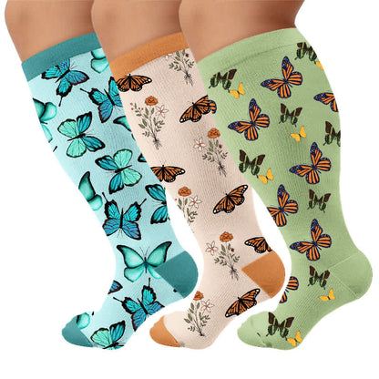 Chaussettes de compression grandes tailles à motifs papillons et fleurs - Multicolore (3 paires) - 4XL - image 1