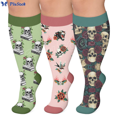Chaussettes de compression grandes tailles à motifs de crânes rétro foncés - image 0