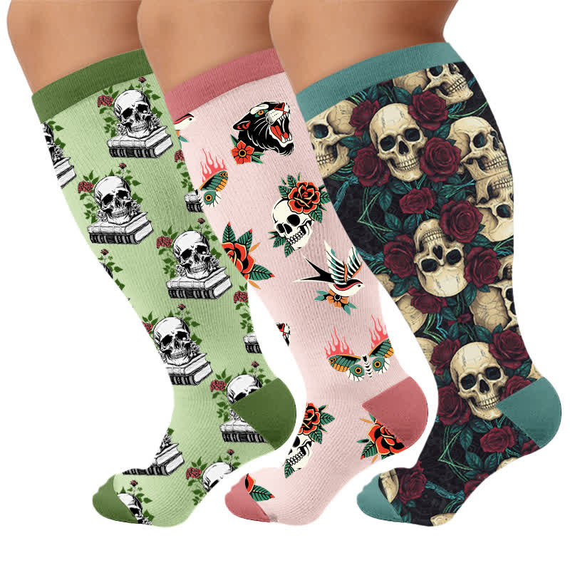 Chaussettes de compression grandes tailles à motifs de crânes rétro foncés - Multicolore (3 paires) - 4XL - image 1