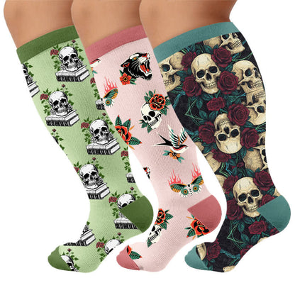 Chaussettes de compression grandes tailles à motifs de crânes rétro foncés - Multicolore (3 paires) - 4XL - image 1